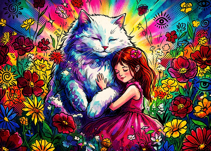 Cat Hug Girl Psychedelic Art