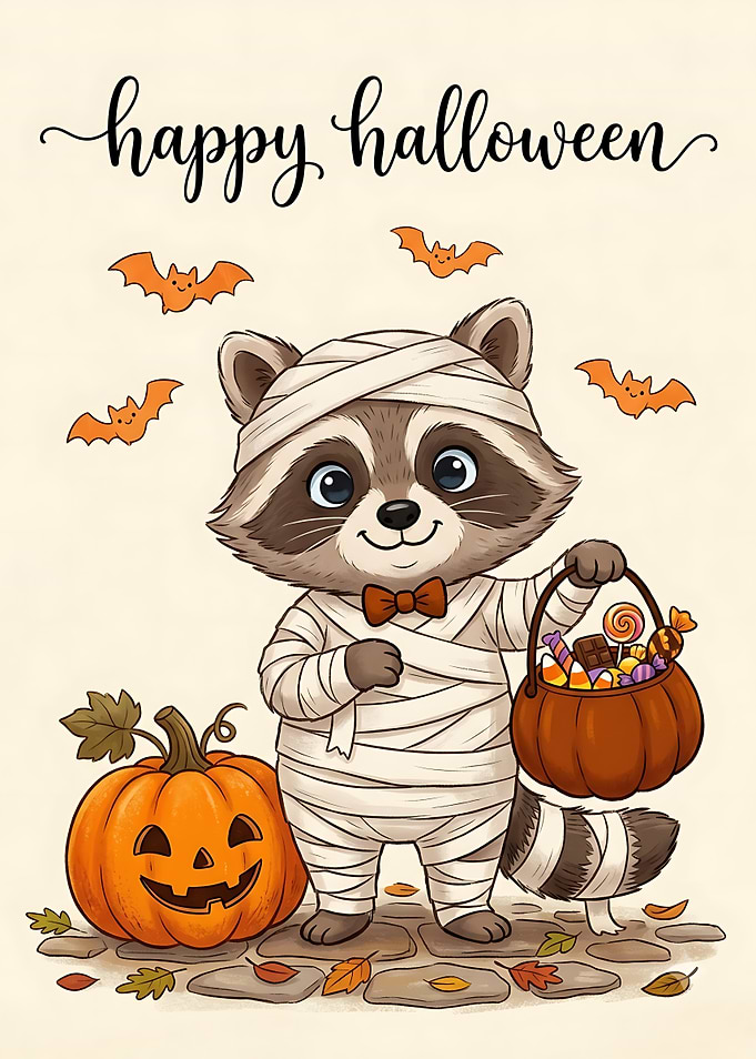 Cute Raccoon Mummy Halloween Illustration