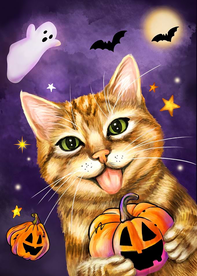 Halloween Tabby Cat with Pumpkin – Starlit Night Sky | Whimsical Spooky Wall Art