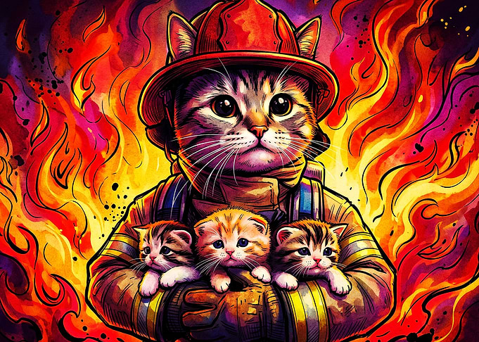 Firefighter Cat Hero Neon Art Poste