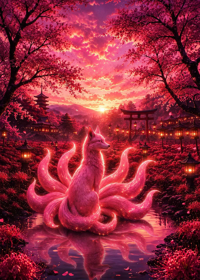 Nine-Tailed Kitsune in Red Garden