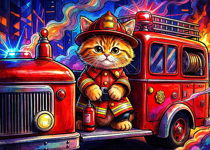 Firefighter Cat Engine Pop Art