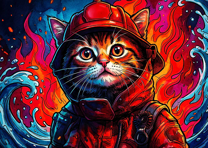 Firefighter Cat Neon Psychedelic Ar