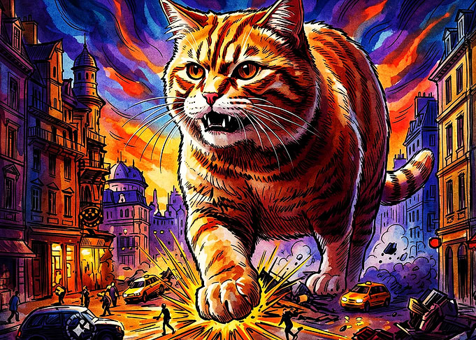 Giant Cat City Attack Retro Art