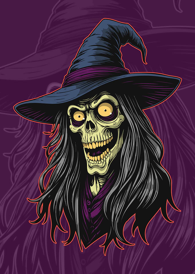 Spooky Witch Skeleton Illustration