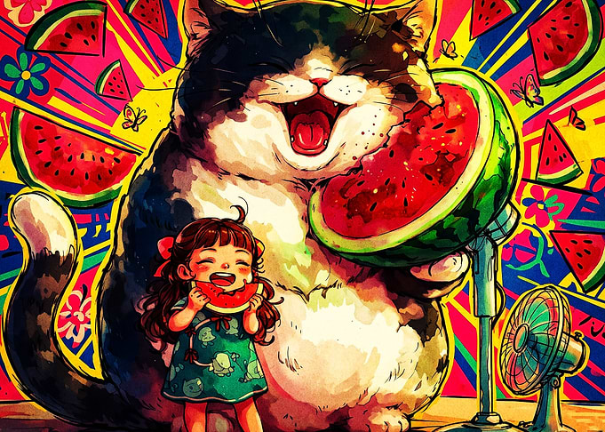 Cat Watermelon Retro Psychedelic Ar