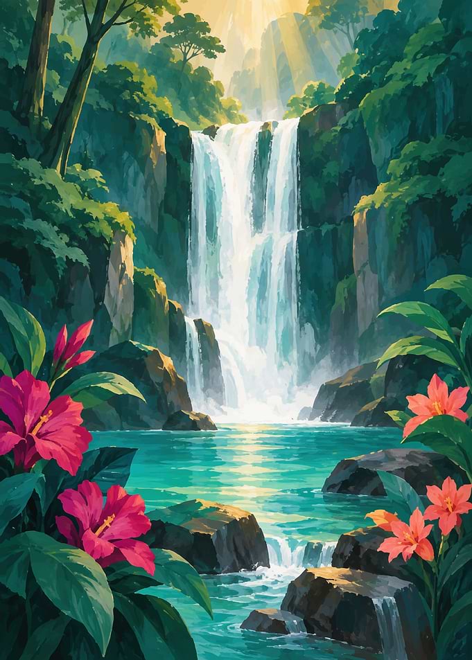 Tropical Waterfall and Hibiscus Flowers