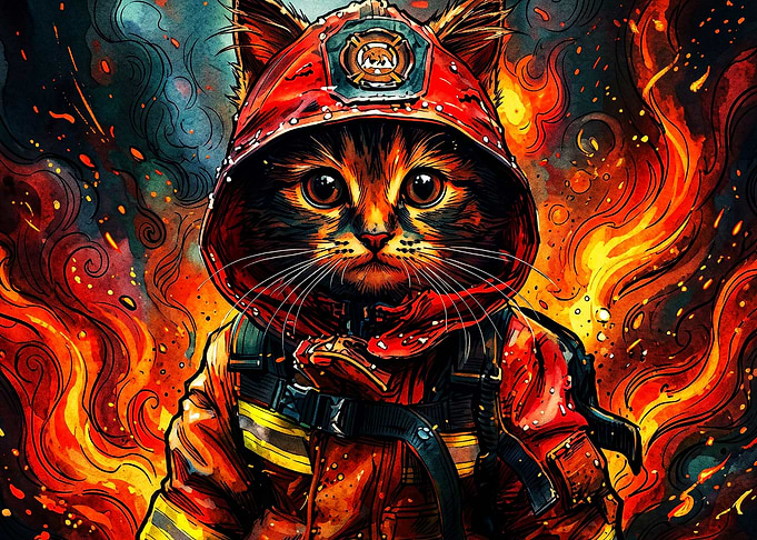Firefighter Cat Hero Watercolor Pos