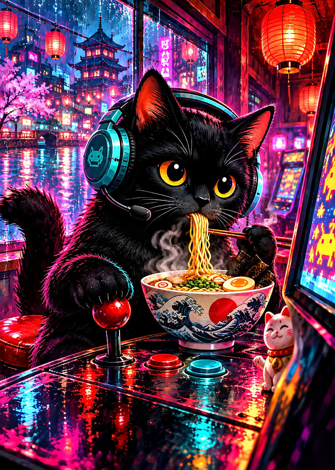 Cyberpunk Black Cat Gaming and Ramen