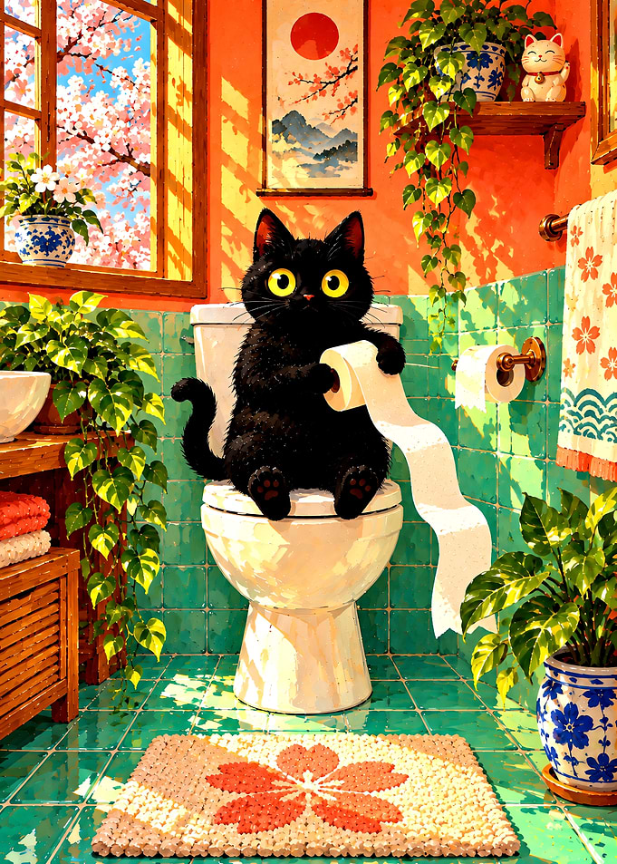 Black Cat on Toilet Bathroom Scene