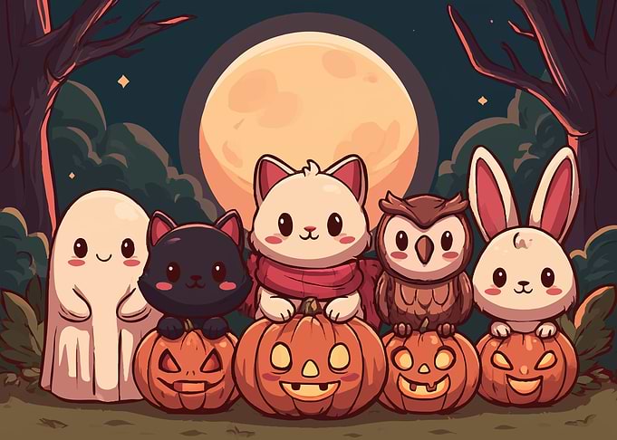 Cute Halloween Friends with Pumpkins