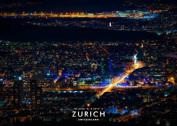 Nighttime Aerial View of Zurich