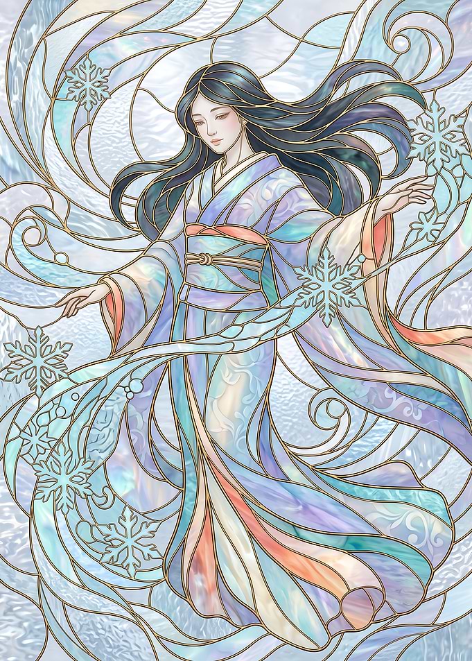 Yuki-onna Stained Glass Japanese Mythological Snow Spirit Displate Metal Poster