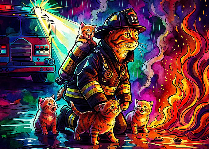 Firefighter Cat Rescue Neon Poster