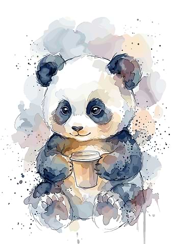 Watercolor Baby Panda with Coffee Cup