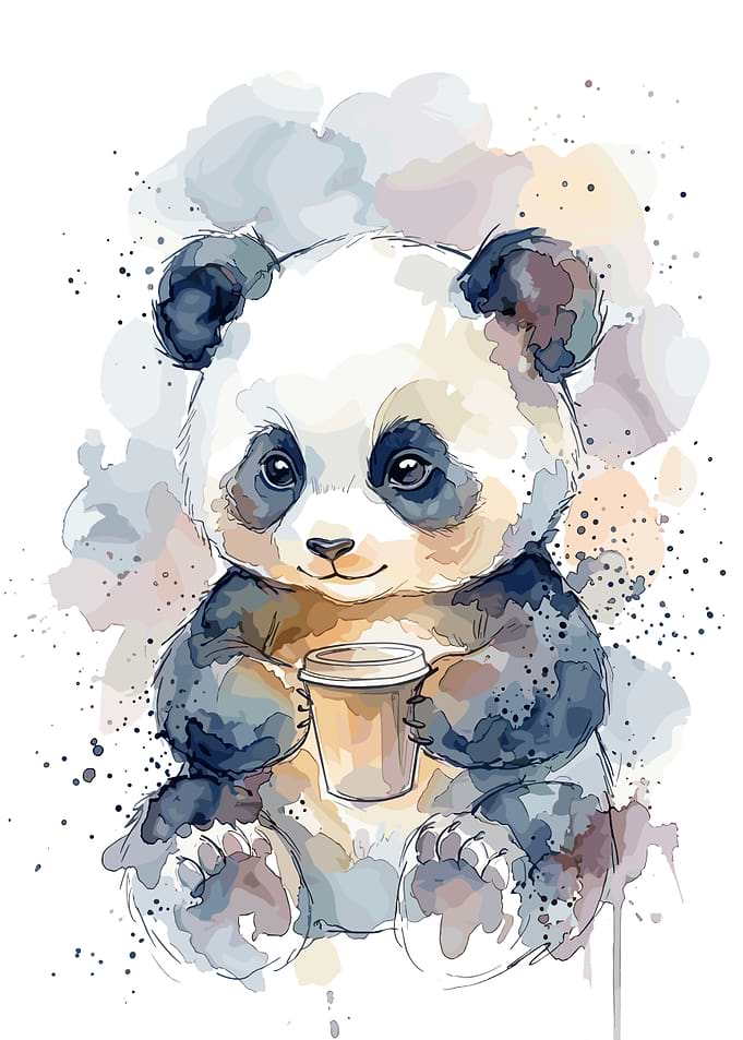 Watercolor Baby Panda with Coffee Cup