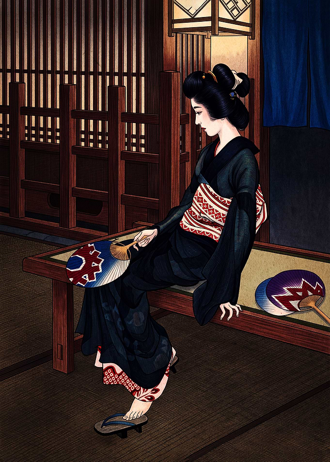 Woman in Kimono with Fans