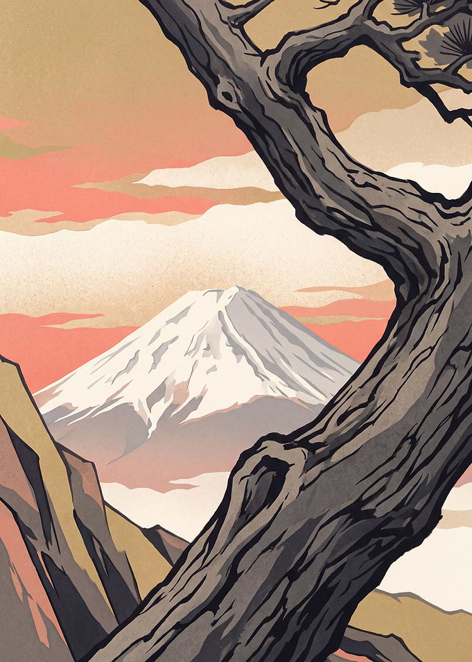 Nihonga Snow Peak Past an Old Pine at Dawn