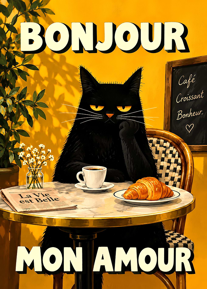 Bonjour Mon Amour Black Cat Poster