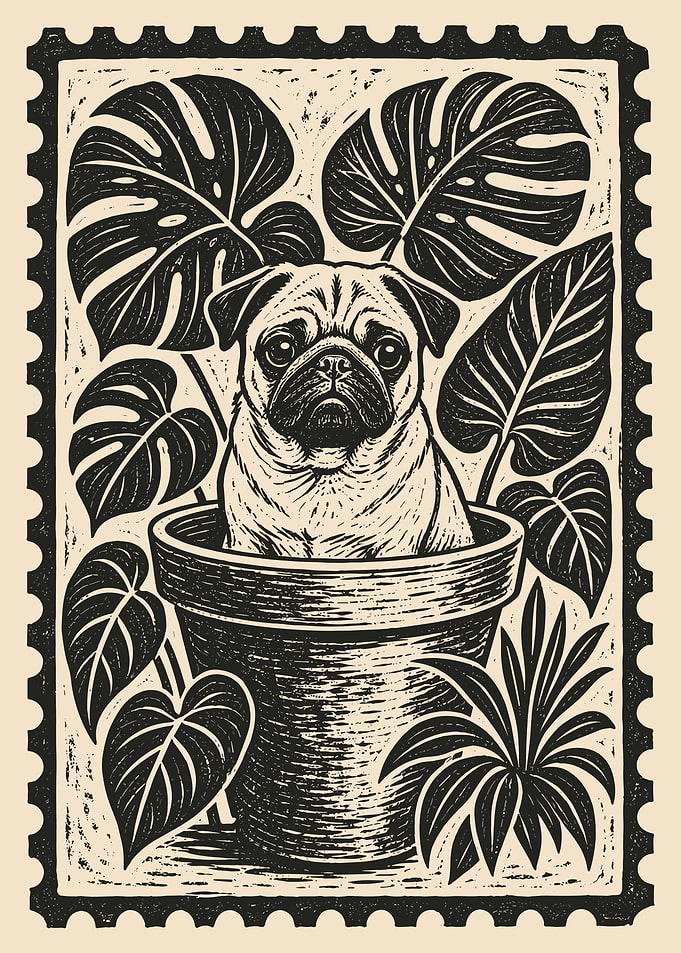 Pug in a Plant Pot Stamp