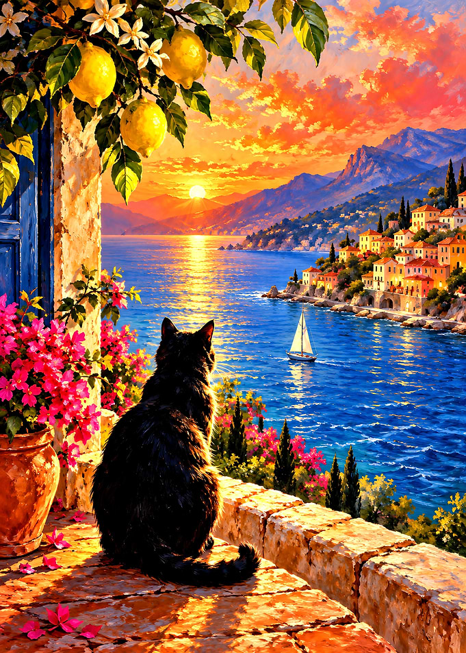 Black Cat Watching Mediterranean Sunset