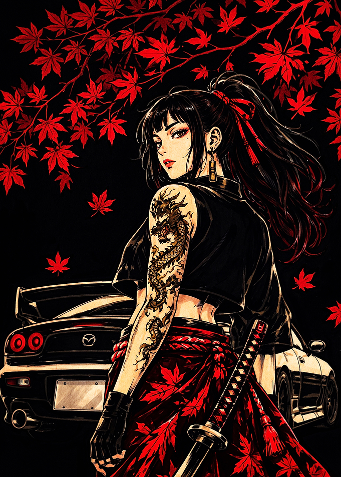 Anime Girl with Dragon Tattoo and Car