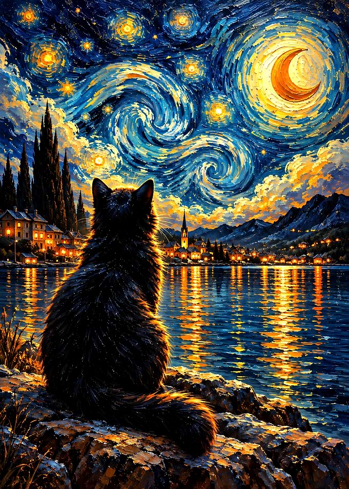 Black Cat Watching Starry Night