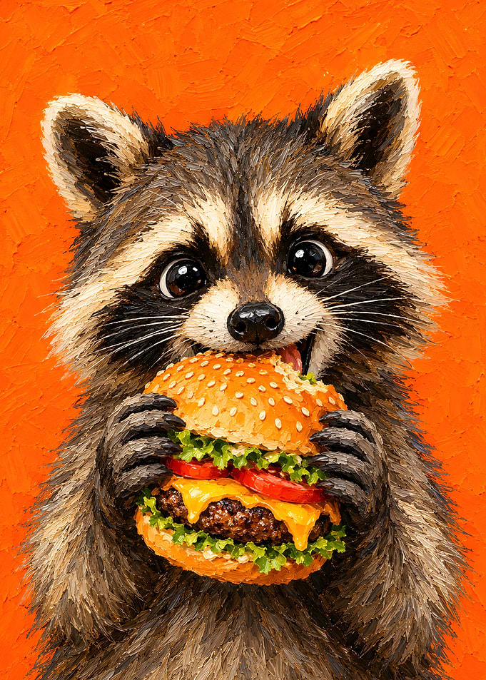 Cute Raccoon Eating a Cheeseburger