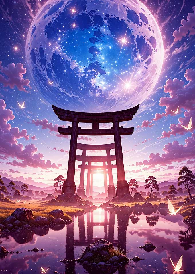 Torii Gate Under Giant Moon Japanese Landscape