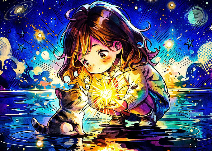 Anime Girl Cat Cosmic Magic Art