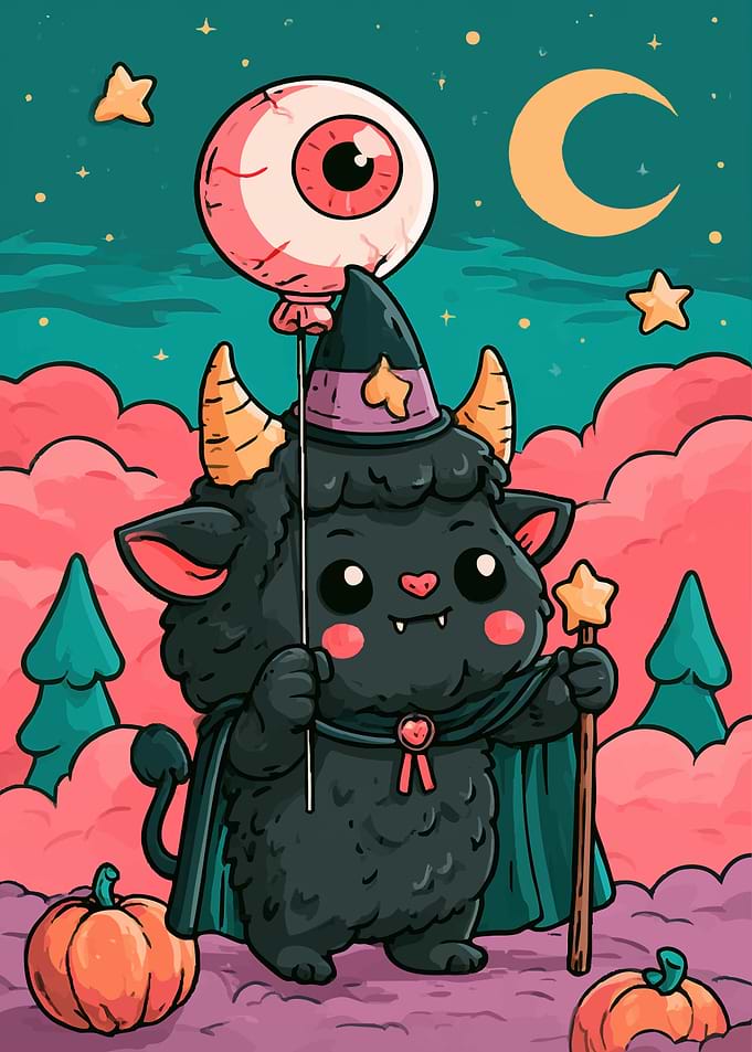 Cute Halloween Demon with Eyeball Balloon