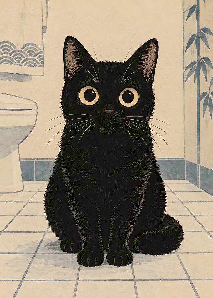 Vintage Japanese Black Cat Bathroom Portrait