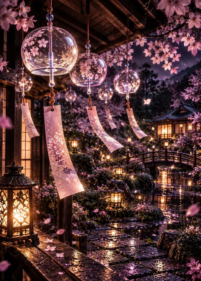 Cherry Blossom Wind Chimes at Night