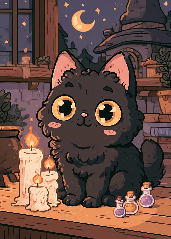Cute Black Cat Witch Familiar