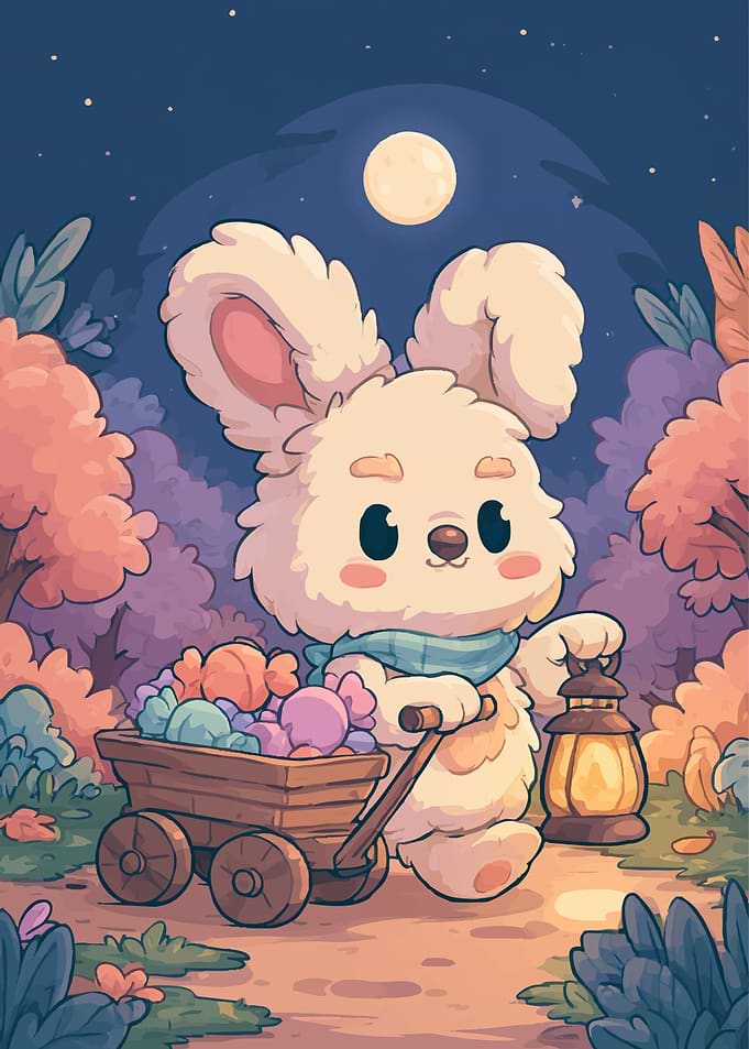Cute Bunny Pulling Candy Wagon