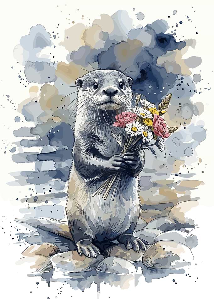 Cute Otter Holding Wildflower Bouquet