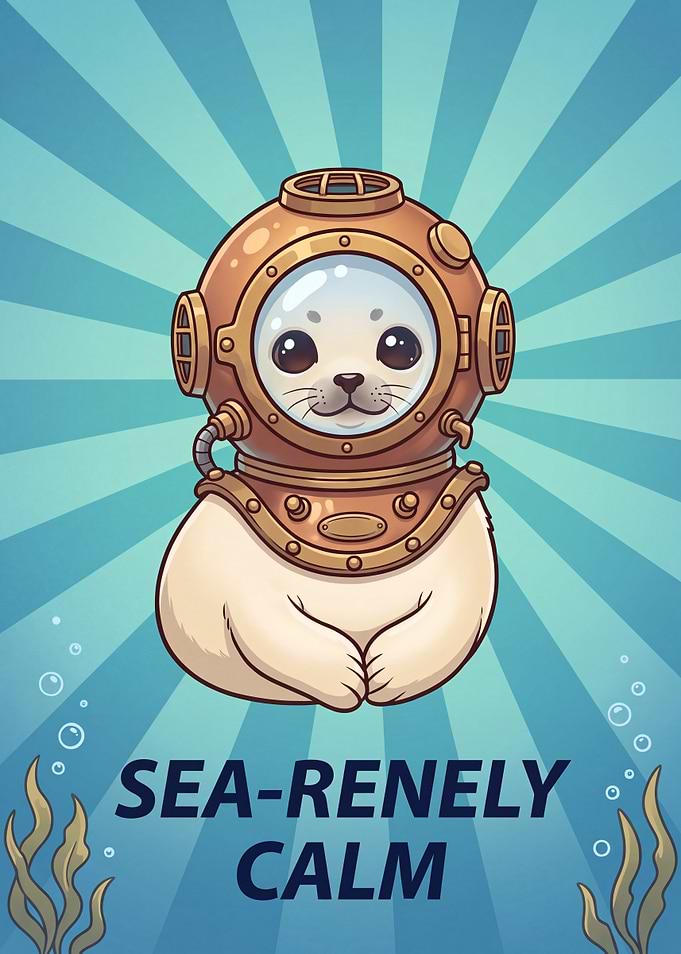 Cute Seal in Vintage Diving Helmet