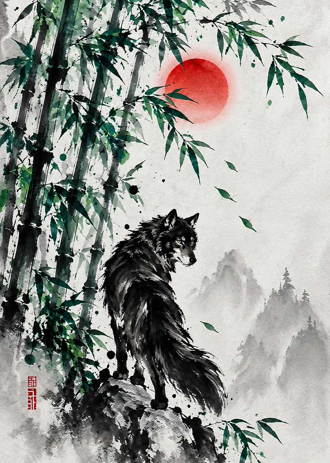 Wolf in Bamboo Forest Ink Painting