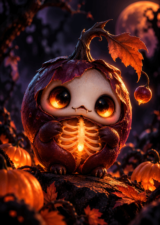 Cute Pumpkin Creature with Glowing Skeleton