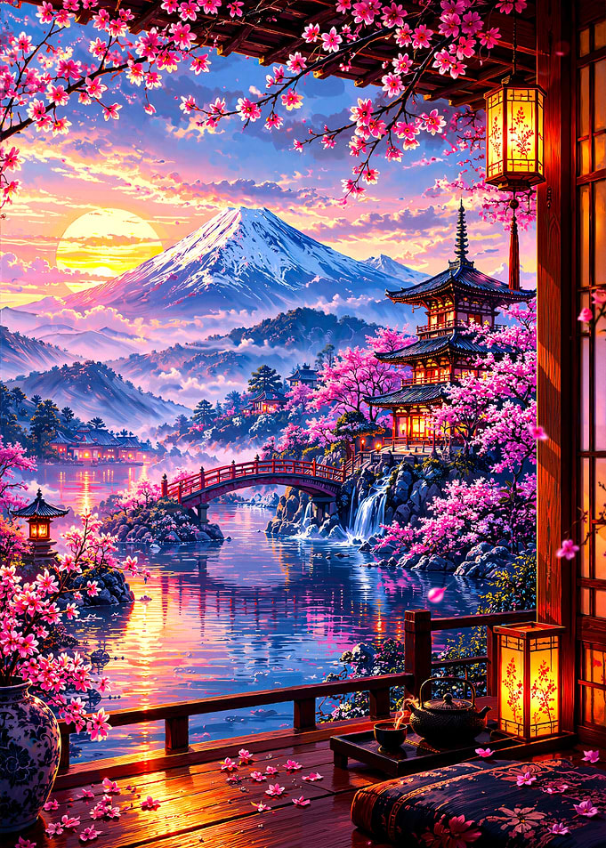 Serene Japanese Temple at Sunset