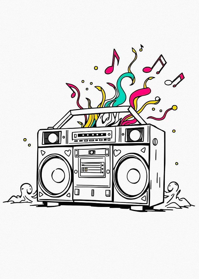 Retro Boombox with Musical Notes