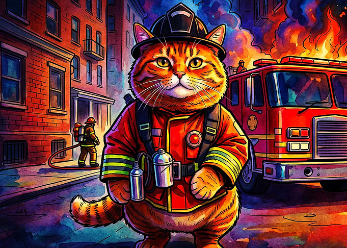 Firefighter Cat Hero Watercolor Art