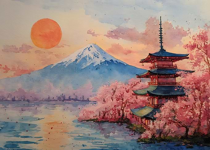 Watercolor Mount Fuji and Pagoda Landscape