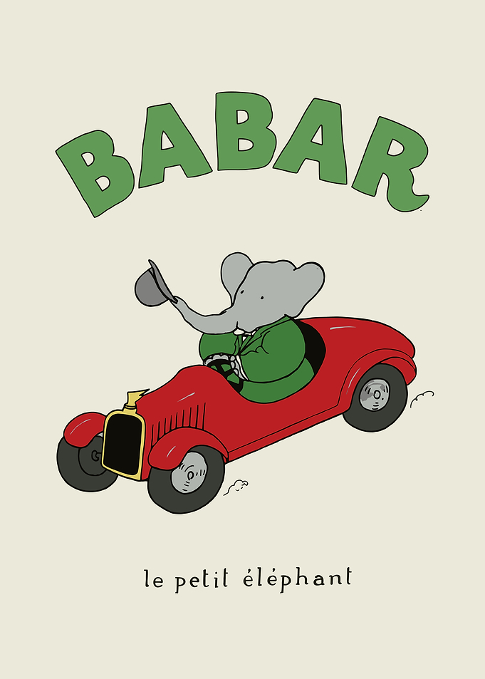 Babar the Elephant Driving Red Car