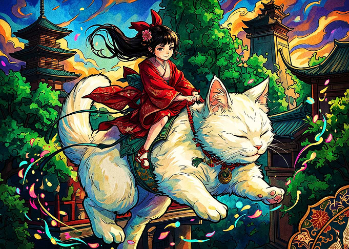 Anime Girl Giant Cat Fantasy Art