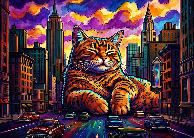 Giant Cat Cityscape Vibrant Art Pos