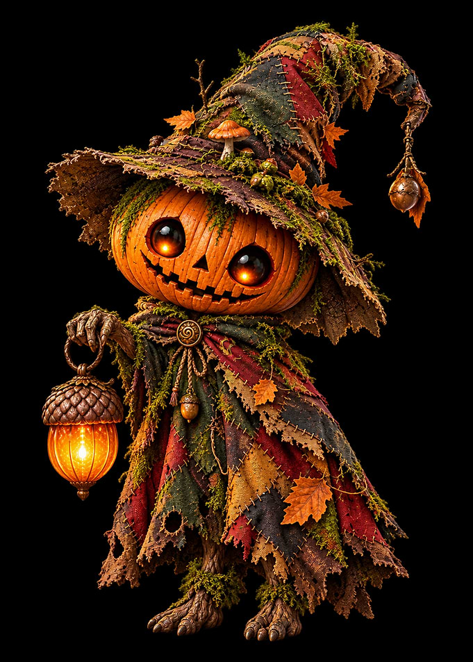 Whimsical Pumpkin Sprite Dark Fantasy Autumn Wizard