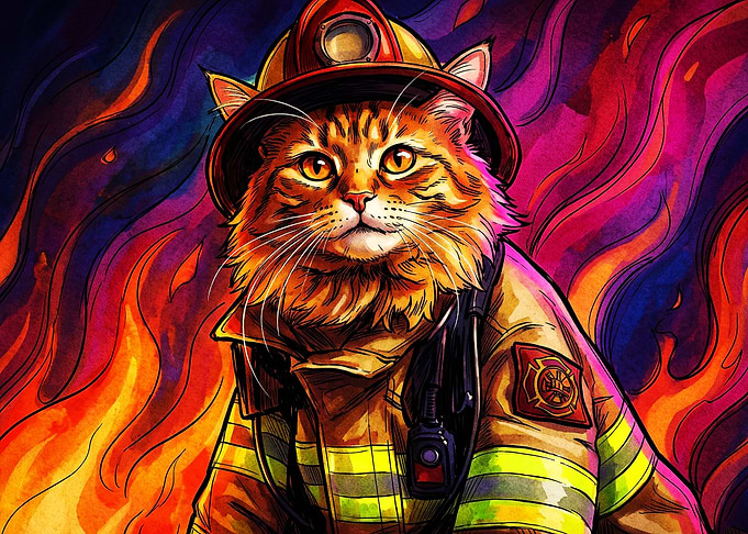 Firefighter Cat Neon Psychedelic Ar
