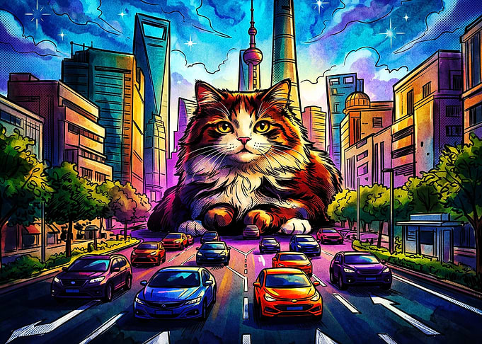 Giant Cat City Neon Pop Art Poster