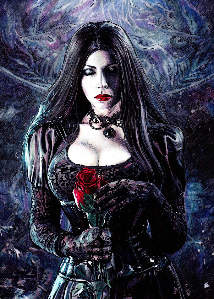 Gothic Woman Holding a Red Rose